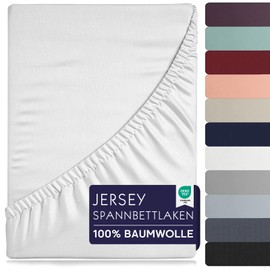 BRB Home Fitted Sheet 90 x 200 cm - 35 cm Deep Pocket 100% Cotton Fitted Sheet Oeko-Tex Certified Bed Sheet Jersey Bedding Duvet Cover for Box Spring Bed Thick Mattresses (White - 90 x 200)