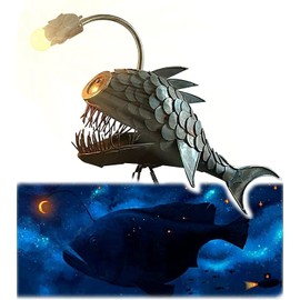 CAFELE Rustic USB Angler Fish Lamp, Shark Lamp Steampunk Style Table Lamp, Simulation Flame LED Bulbs Lights, Handmade Night Lights, Book Lights, Industrial Creative Decor for Home/Office (Small)