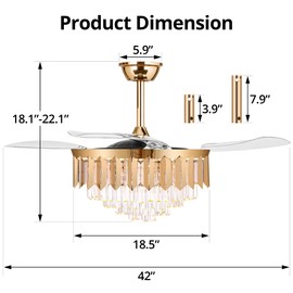 i-POOK Fandelier Ceiling Fan with Lights and Remote, 42'' Crystal Chandelier Fan with 4 Retractable Blades, 6 Wind Speeds, for Bedroom, Living Room, Gold