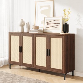 JASIWAY Sideboard - Kitchen Buffet Cabinet with Rattan Decorated Doors, Accent Sideboard Cabinet with Doors, Coffee Bar Cabinet Rattan Sideboard Buffet Cabinet with Storage