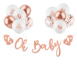 Oh Baby Garland Rose Gold Baby Shower Decoration Banner Paper and 12 Pieces Latex Balloons (12 Inches) Hanging Decoration for Baby Shower Baby Shower Gender Reveal Party Christening etc.