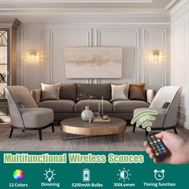 Shenmoyl Set of 2 Crystal Battery Operated Wall Sconce,Rechargeable Wall Lamp with 5200mAh Battery & Remote Control, Modern Dimmable Wireless Wall Lights for Bedroom Bathroom (Clear, Gold Base)