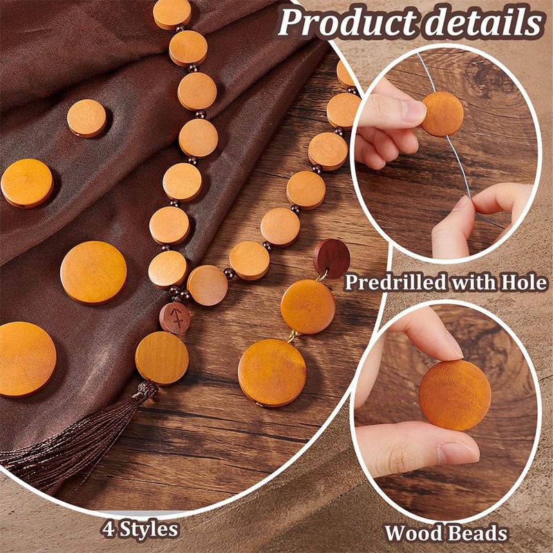 PH PandaHall 120pcs Flat Round Wood Beads 4 Sizes Wood