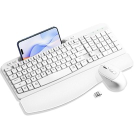Wireless Keyboard and Mouse Combo, Wave Keys Computer Ergonomic Keyboard with Cushioned Plam Rest, Phone Holder, 2.4GHz Silent 6 Button Wireless Mouse Set for Laptop, PC, Windows, Mac (White)