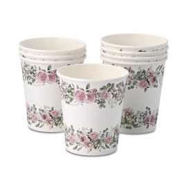 ECOFIESTA 8X Paper Cups Birthday 8 oz Roses & Eucalyptus - Hen Decorations Plastic-Free and Recyclable - Floral Birthday Decorations Bridal Shower