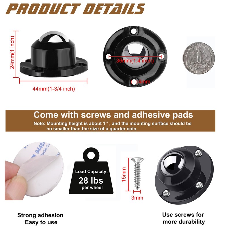 PlusRoc 4 Pack 1 Inch Self Adhesive Paste Caster Wheels