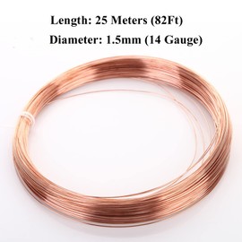 Round Pure Copper Wire Solid Bright Bare Copper Wire Diameter 1.5mm (14 Gauge), Length 25M/82Ft for Jewellery Craft