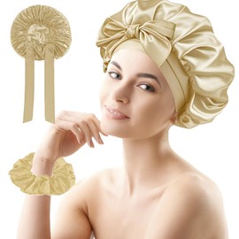 Satin Bonnet, Sleeping Silk Bonnet for Most Hair Types, Silk Bonnet with Elastic Band, Adjustable Satin Night Sleeping Cap for Sleeping, Skin Care, Cleaning, Makeup, etc (Khaki)