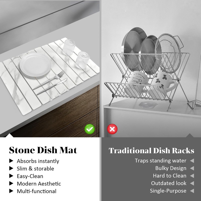 Stone Dish Drying Mats for Kitchen Counter, 24"(L)×16"(W) Marble-Pattern, Collapsible