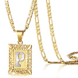 KissYan Men's Initial Letter Pendant Necklace for Wo, 14K Gold Plated Square Capital Monogram Necklace Alhpabets from AZ Figaro Chain Necklace(Hollow White Letter P)