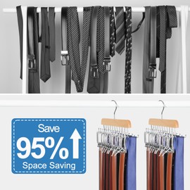 40 Hooks Belt Tie Hanger Space Saving for Closet, 2 IN 1 Belt Ties Racks Max 60 Belts with 60 Ties Capacity, Curved with Flat Hooks for Belts,Ties,Bras,Tanks Tops Closet Organizers and Storage Natural