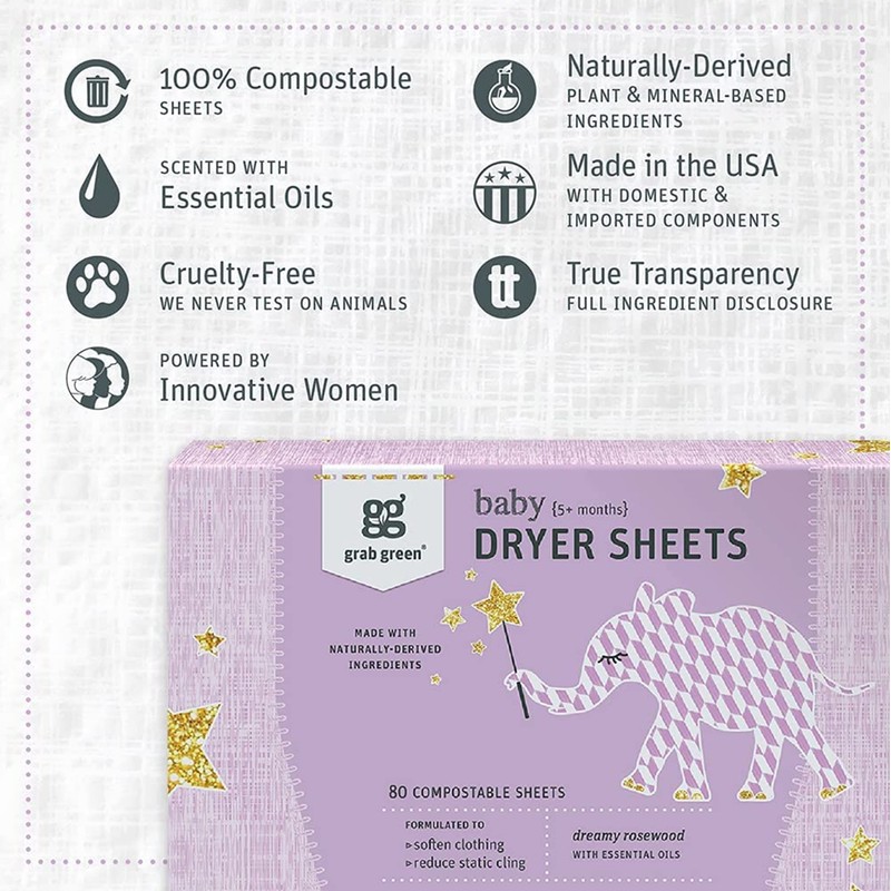 Grab Green Baby Laundry Dryer Sheets, 160 Sheets, Dreamy Rosewood