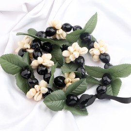 Hawaiian Kukui Nut Necklace with Chunky Heart-Shaped Beads Ribbon Tie Closure (30shell blk)