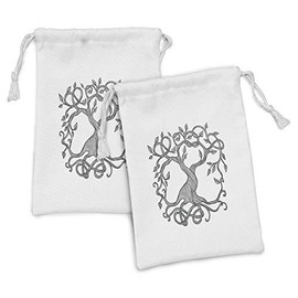 Lunarable Celtic Fabric Pouch Set of 2, Single Tree Life Swirly Long Branchesnd Roots European Theme, Small Drawstring Bag for Toiletries Masks and Favors, 9" x 6", Charcoal Grey White