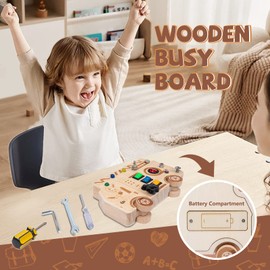 Montessori Toys for 3+ Year Old -Wooden Car Busy Board for Toddlers with LED Light Switch Toys with Buttons to Push, Screwdriver Set with Bolts-Busy Circuit Board,Sensory Toy for Baby Travel Gifts