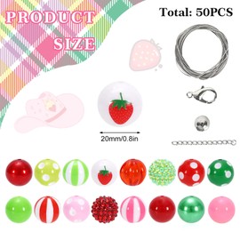 Whaline - Juego de 50 abalorio de goma de mascar mixtas de fresa de 20 mm, abalorio espaciadoras de color rosa, rojo y verde, para manualidades, suministros de joyería