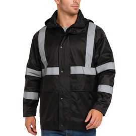 Bass Creek Outfitters Mens Rain Jacket - Waterproof Hooded High Visibility Safety Coat with Reflective Strips, Size XX-Large, Black
