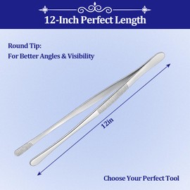 12-inch Stainless Steel Cooking Tongs & Tweezers, Non-Slip Grip & Serrated Tips for Grilling, Baking, Garnishing, BBQ, Kitchen & Craft Use (Round Tip)