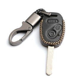 WFMJ Leather for Honda Ridgeline Fit Odyssey Accord CR-V CR-Z Insight 3 Buttons Key Fob Case Cover Chain (Black)