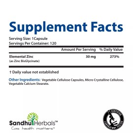 Sandhu Herbals Zinc BisGlycinate chelate zinc 30mg Vegetarian Capsules 120 Ct -Immune Health