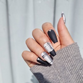 Rough check black handmade nail tip - long point / 러프 체크 블랙 수제네일팁 - 롱포인트