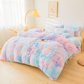 ERLOXO Fluffy Tie Dye Blue Faux Fur Comforter Cover Queen Set，Fluffy Fuzzy Plush Tie Dye Blue Bedding 3Pcs (1 Faux Fur Duvet Cover +2 Fuzzy Pillowcases) Fluffy Bed Set Queen