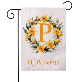 Monogram Garden Flag Letter P with Flowers Wreath Double Sided Print Spring Summer Welcome Garden Flags Outdoor House Yard Flags 12.5 x 18 Inch Seasonal Porch Lawn Decor (Yellow)
