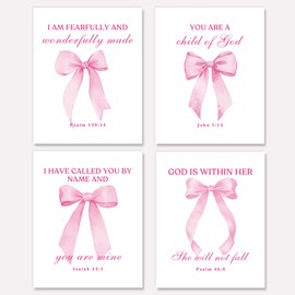 Shescrzionu 4 PCS Coquette Room Decor and Pink Bow Decor Room Decor For Teen Girls, Bible Verses Wall Decor, Preppy Posters for 10x8 Inch Set of Bow Pictures for Bedroom - A04