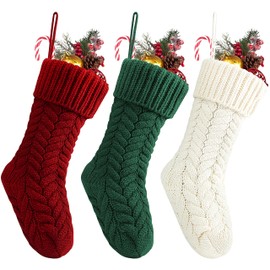 Fesciory 18 Inches Christmas Stockings Bulk, 3 Pack Large Size Cable Knitted Fireplace Hanging Stockings for Family Holiday Xmas Party Decorations, Burgundy&Ivory White&Green