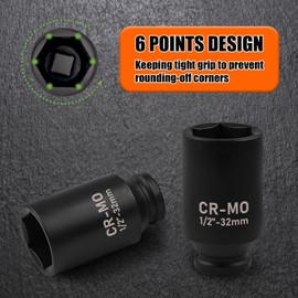 EGOFIX 1/2" Drive Deep Impact Socket, 32mm Metric Socket, Axle Nut Socket CR-MO 6 Point for Easy Removal of Axle Shaft Nuts