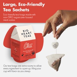 Big Heart Tea Co. Tea Bags - Fiery Masala Chai - Certified Organic, Ayurvedic Herbal Decaf Tea with Small Batch Ground Sweet Herbs and Spices including Adaptogenic Tulsi, Rooibos, Ginger, 20 Tea Bags