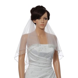 2T 2 Tier Silver Pearl Crystal Beaded Edge Bridal Veil - Light Ivory Elbow Length 30" V483