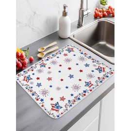 4th of July Dish Drying Mat for Kitchen Counter Patriotic Stars Fireworks Drying Pad 1 Pack Absorbent Drying Mats for Countertops Sinks Draining Racks Flag Independence Day Holiday Decor 18x24