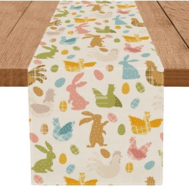 QIONG MENG Easter Table Runner Bunny Chicken Eggs Seasonal Spring Home Party Kitchen Dining Table Decoration 13x72 Inch
