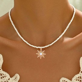 Yalice Boho Beaded Choker Necklace Opal Sun Pendant Necklaces Beach Mermaid Beads Necklace Jewelry Gift for Women (White)