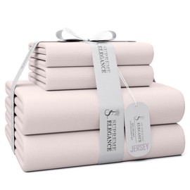 SUPREME ELEGANCE Super Soft Full Sheet Set, Jersey Knit 4Pc Light Pink Sheets, All Season Wrinkle Resistant & Easy Care Sheet Set with Deep Pocket (1 Flat Sheet, 1 Fitted Sheet & 2 Pillowcases)