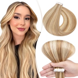 Elailite Tape in Hair Extensions Human Hair Real Human Hair 10 Pcs Invisible Thin Type - Seamless Skin Weft Remy Hair Extension (#12/613 Golden Brown Mix Bleach Blonde, 16 Inch-15g)