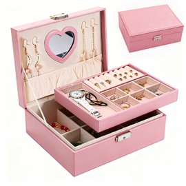 Jewelry Box Organizer for Women, 2-Layer Large Jewelry Storage Boxes with Mirror Ideal Gift Earrings Box Case for Necklace, Bracelet, Rings & Studs, Stackable Jewelry Organizer Box for Bedroom Vanity