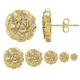 14K Gold Plated Nugget Earrings For Men,Unisex Roung Textured Cookie Nugget Stud,Cubic Zirconia Round Earrings Studs Gold (M(14mm))