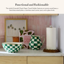 MACKENZIE-CHILDS Wood Paper Towel Holder, Decorative Paper Towel Holder for Kitchen, Green-and-White Emerald Check