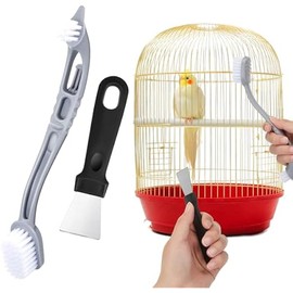 Bird Cage Cleaner with Two Brush Heads Stainless Steel Bird Droppings Cleaning Scraper Long Handle Tool for Cleaning Bird Parrot Cages Pet Supply Cage Accessory