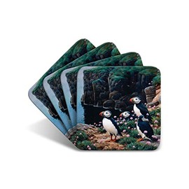 Puffins Cliff Edge Drinks Coasters by Wildlife Artist Julian Friers - Set of 4 Puffin Coasters - Non-Slip, Cork Table Coasters
