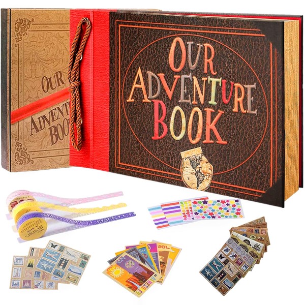 Our Adventure Book Handcrafted 11.92 x 7.62" Leather-Bound Scrapbook with 80 Pages, Embossed Lettering, Inspired by 'Up', Ideal for Photos, Weddings&Travel Memories Gift Box Included (Handmade Book)
