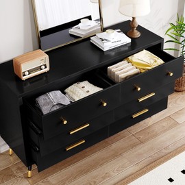 DWVO 6 Drawer Dresser, Black Wooden Drawers Storage Dresser with Golden Metal Handle ＆ Anti-Tipping Device, Modern Double Chest of Drawers for Hallway, Entryway, Living Room