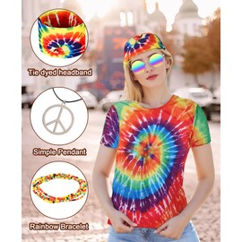 Men's Hippie Costume 60s 70s Style Colorful T-Shirt with 5-Piece Accessory Set for 70s Outfits Theme Party (4XL)