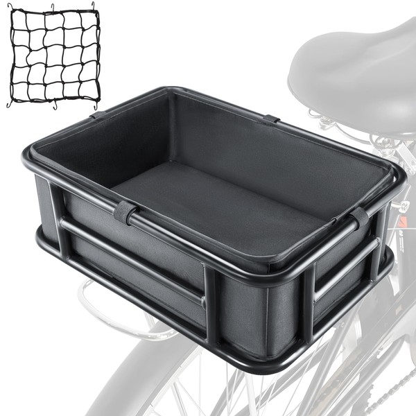 Dirza Bike Basket Rear with Liner,Cargo Net Large Rear Bike Basket,Heavy Duty Bicycle Rear Basket for Electric Bike, Ebike,Great for Bike Trip,Carrying Grocery,Ball,Dog