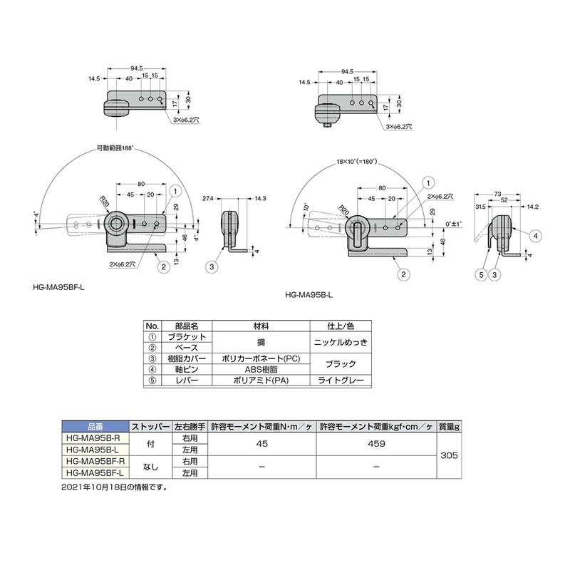 Sugatsune Industries (170043821) HG-MA95B-L Stopper Hinge HGMA95BL