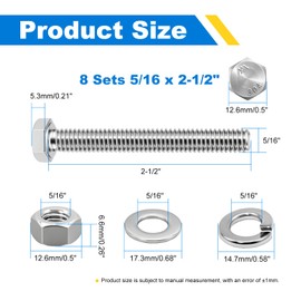 5/16-18 x 2-1/2" Hex Bolts Set, 8 Sets 5/16"-18 Thread 2-1/2" Inches Long, Hexagon Bolt Nuts, Flat & Lock Washers, Stainless Steel 304 Right Hand Fully Thread Heavy Duty Hex Bolts Assortment Kit