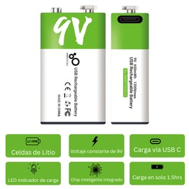 HYGE 2 Pilas 9V Recargables USB C 650mAh 9v Carga Rapida Alta Duración Se cargan en 1.5 Horas Ideal para Guitarras Electroacústicas, Pedales, Detectores de Humo, Juguetes y más