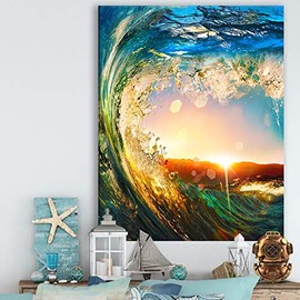 Design Art PT10918-30-40 Colored Ocean Waves Falling Down-Modern Seashore Canvas Art-30X40, 30 x 40 in